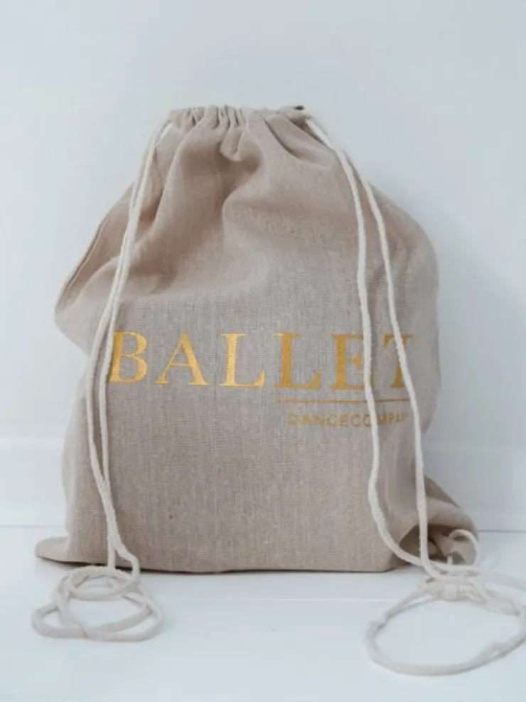 Dansebutikken Hør rygsæk/mulepose med guld BALLET skrift