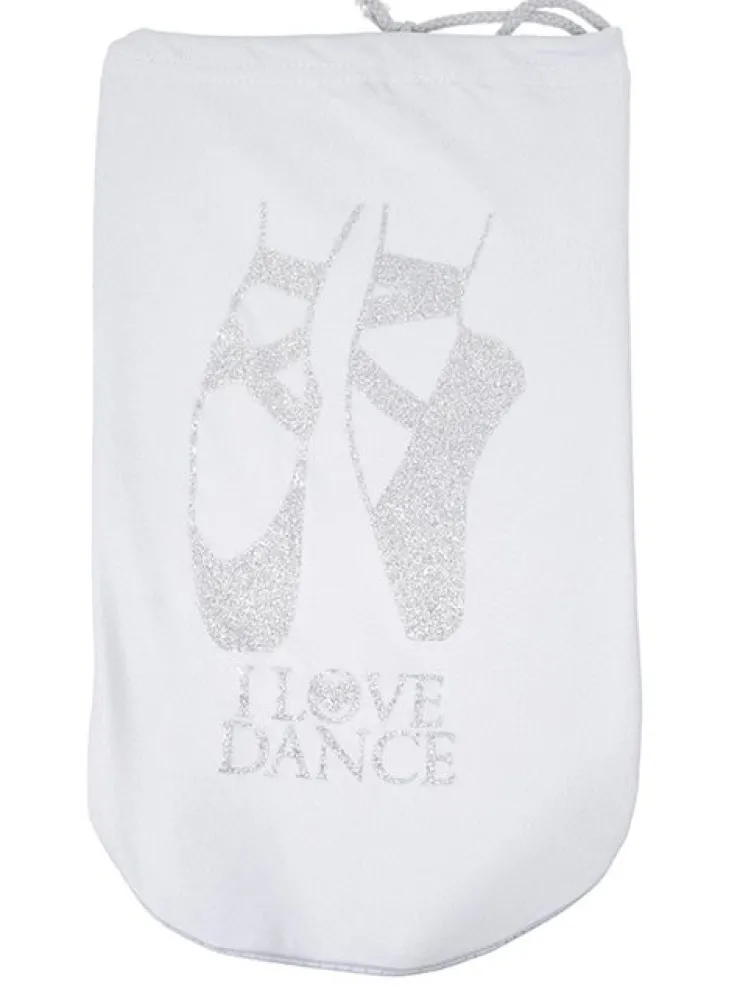 Dansebutikken Sko pose til balletsko med sølv print og hvid net