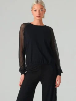 Dame Dansebutikken Sort danse bluse med lange chiffon ærmer