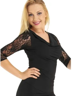 Dame Dansebutikken Sort dansebluse med blonde ærmer - Ready4dance