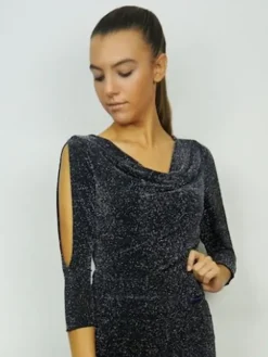 Dame Dansebutikken Sort dansebluse med glimmer og flotte ærmer