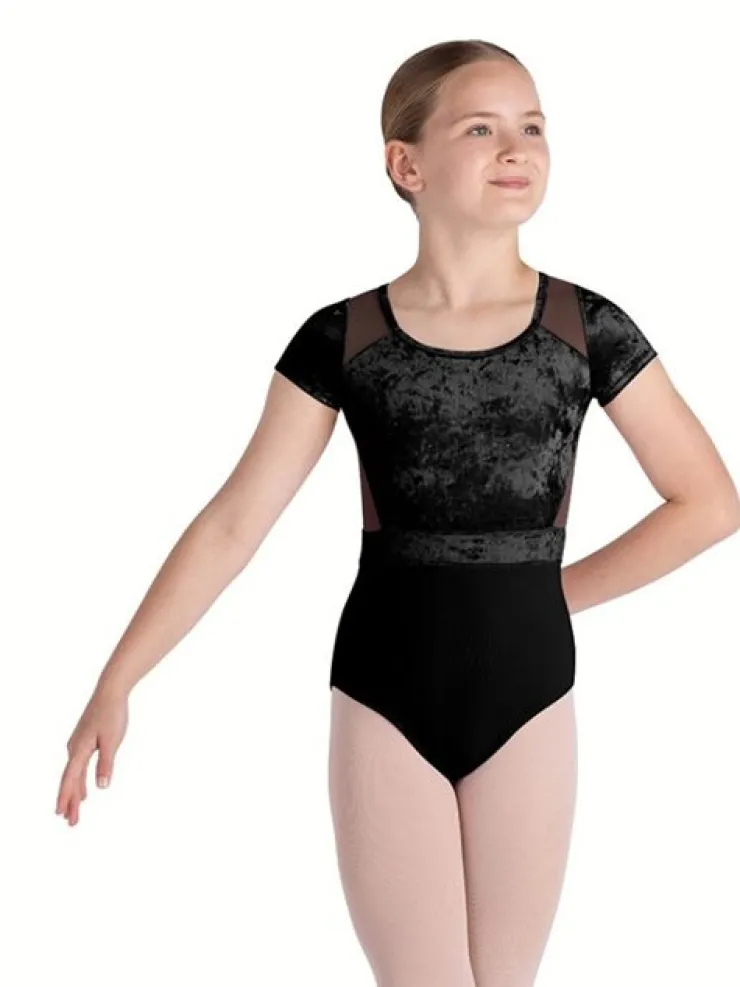 Børn Dansebutikken Sort dragt med velour, mesh og flot ryg fra Bloch