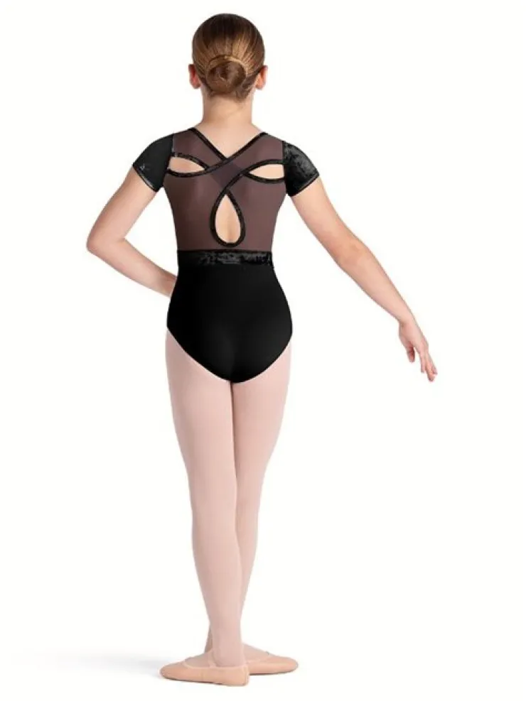 Børn Dansebutikken Sort dragt med velour, mesh og flot ryg fra Bloch
