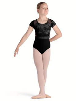 Børn Dansebutikken Sort dragt med velour, mesh og flot ryg fra Bloch