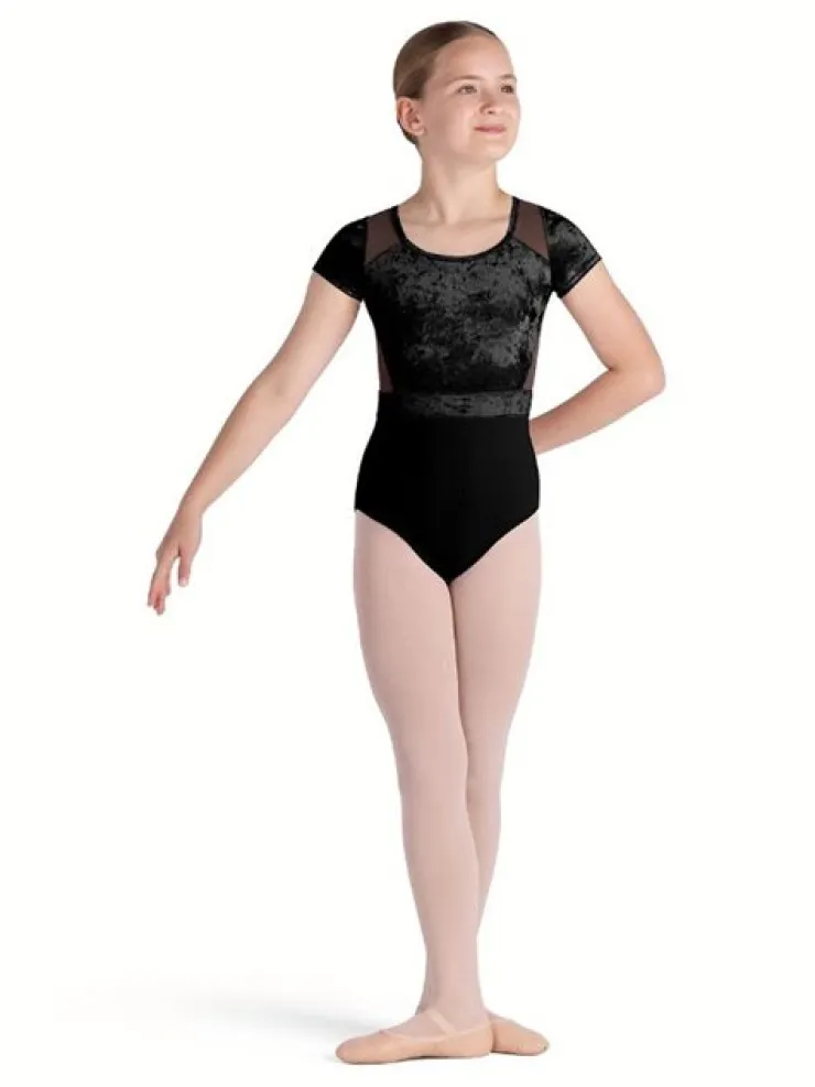 Børn Dansebutikken Sort dragt med velour, mesh og flot ryg fra Bloch