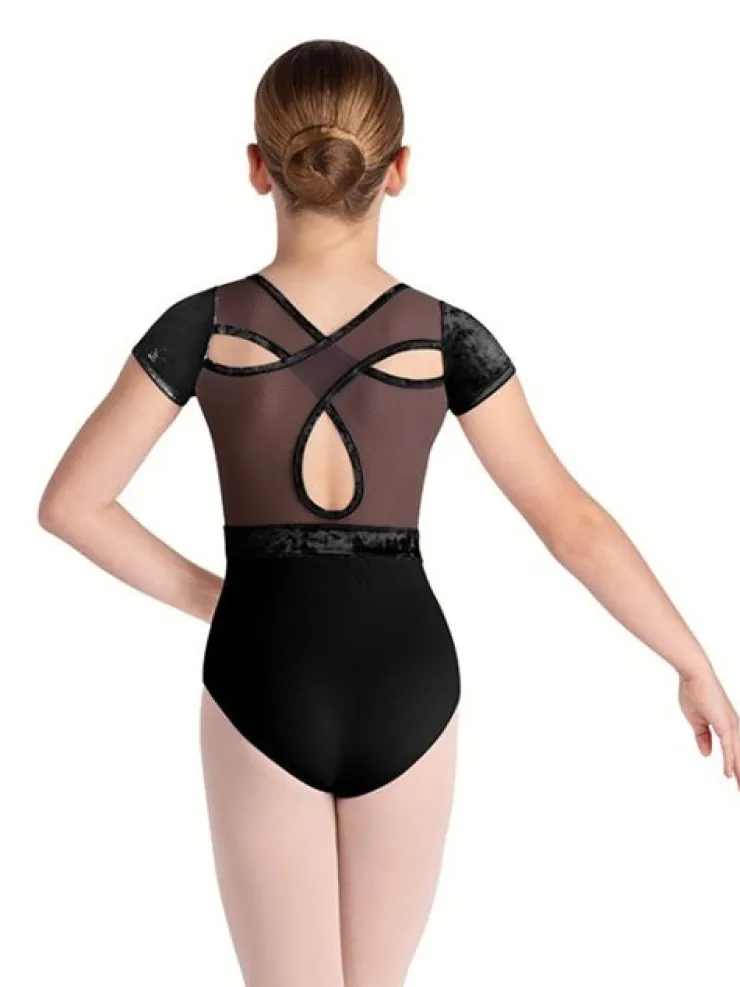 Børn Dansebutikken Sort dragt med velour, mesh og flot ryg fra Bloch